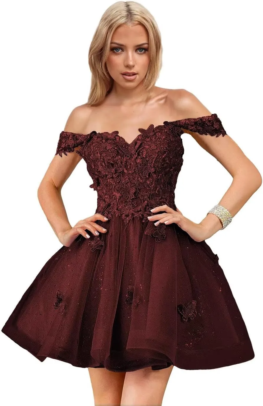 Short Homecoming Dresses for Teens Off The Shoulder Prom Gown Sequin Lace Cocktail Dress