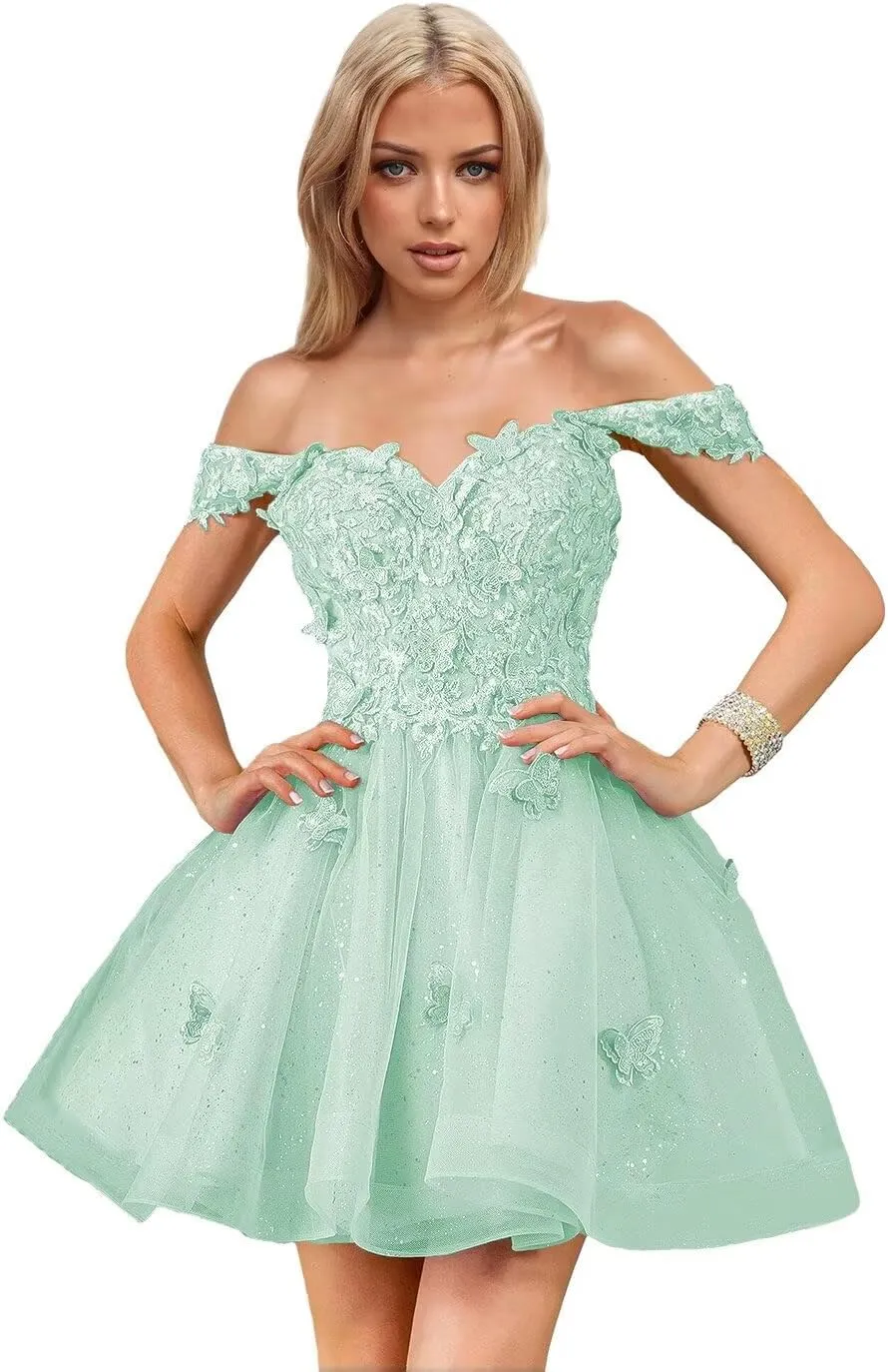 Short Homecoming Dresses for Teens Off The Shoulder Prom Gown Sequin Lace Cocktail Dress