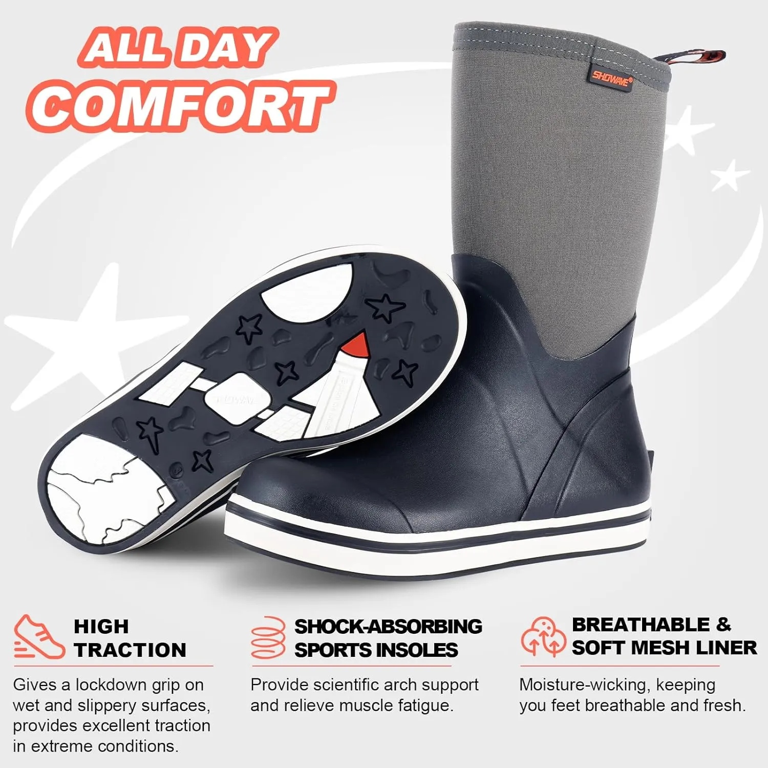 Showave Kid's Mid Calf Deck Boots Boys Girls Waterproof Insulated Rubber Rain Boots Durable Mud Boots for Cold Day