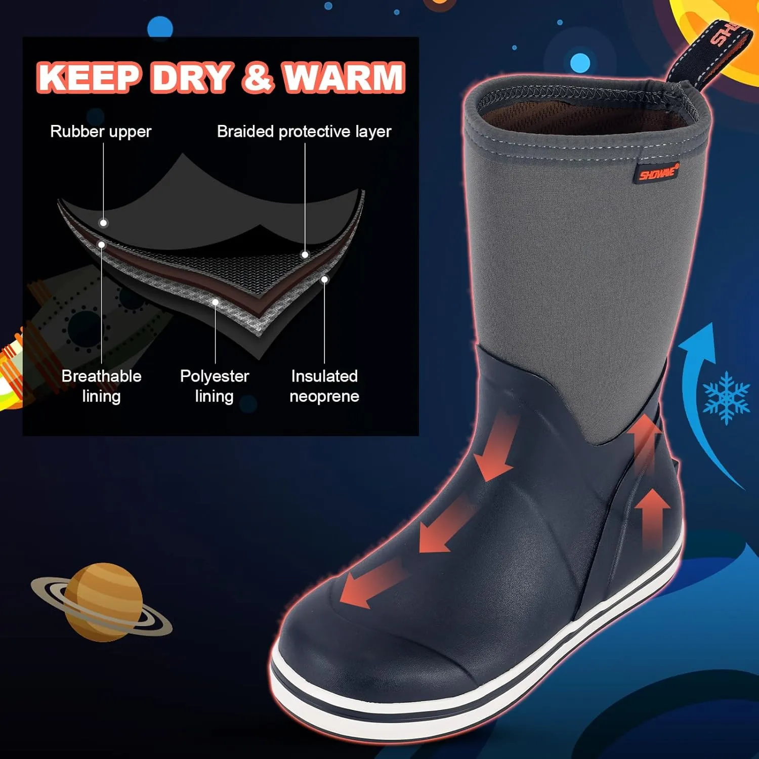 Showave Kid's Mid Calf Deck Boots Boys Girls Waterproof Insulated Rubber Rain Boots Durable Mud Boots for Cold Day