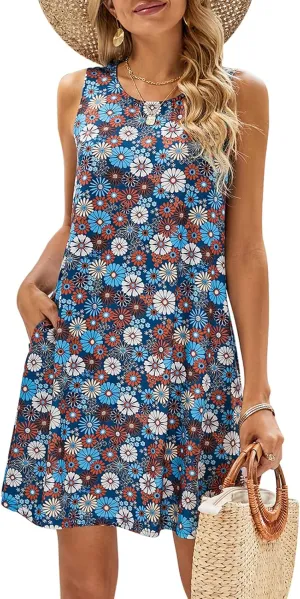 SimpleFun Summer Dresses for Women Beach Floral Tshirt Sundress Casual Pockets Boho Tank Dress