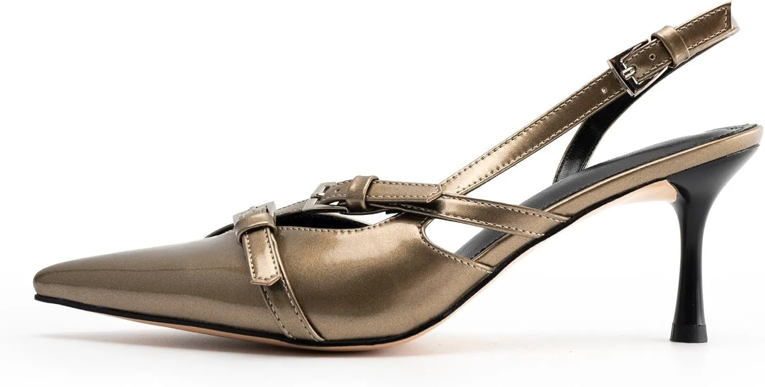 Slingback Kitten Heels for Women Pointed Toe Heels Closed Toe Low Heel Wedding Dress Pumps with Buckles Strap