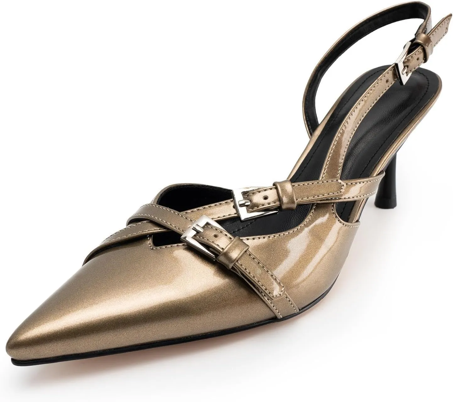 Slingback Kitten Heels for Women Pointed Toe Heels Closed Toe Low Heel Wedding Dress Pumps with Buckles Strap