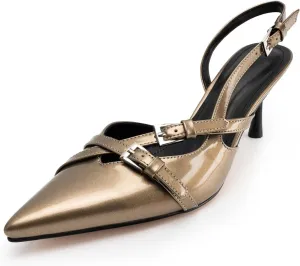 Slingback Kitten Heels for Women Pointed Toe Heels Closed Toe Low Heel Wedding Dress Pumps with Buckles Strap