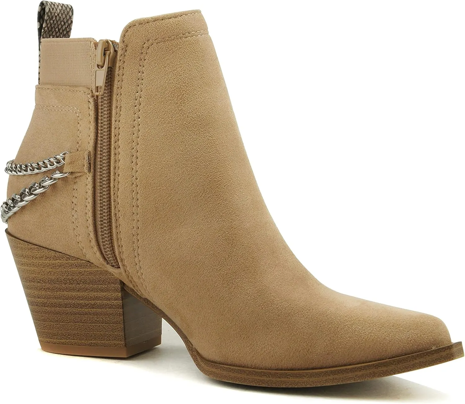 Soda QUE – Western Inspired Stacked Heels Fashion Bootie & Gleaming Chain Back Strap w/Functional Zipper