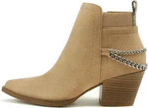 Soda QUE – Western Inspired Stacked Heels Fashion Bootie & Gleaming Chain Back Strap w/Functional Zipper