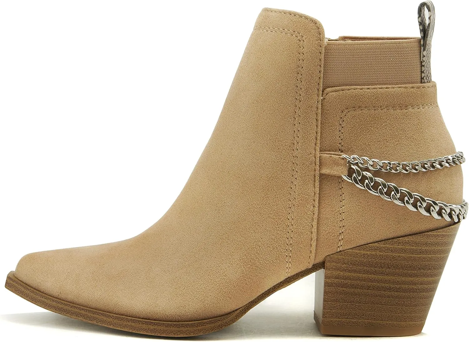 Soda QUE – Western Inspired Stacked Heels Fashion Bootie & Gleaming Chain Back Strap w/Functional Zipper