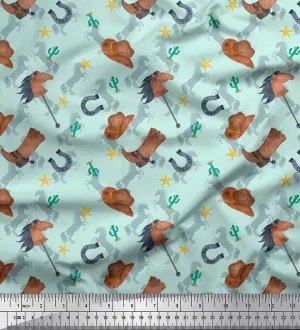 Soimoi Rayon Green Fabric - by The Yard - 42 Inch Wide - Hat, Boot & Horse Animal Print Fabric - Rustic Charm with Equestrian Elements Printed Fabric