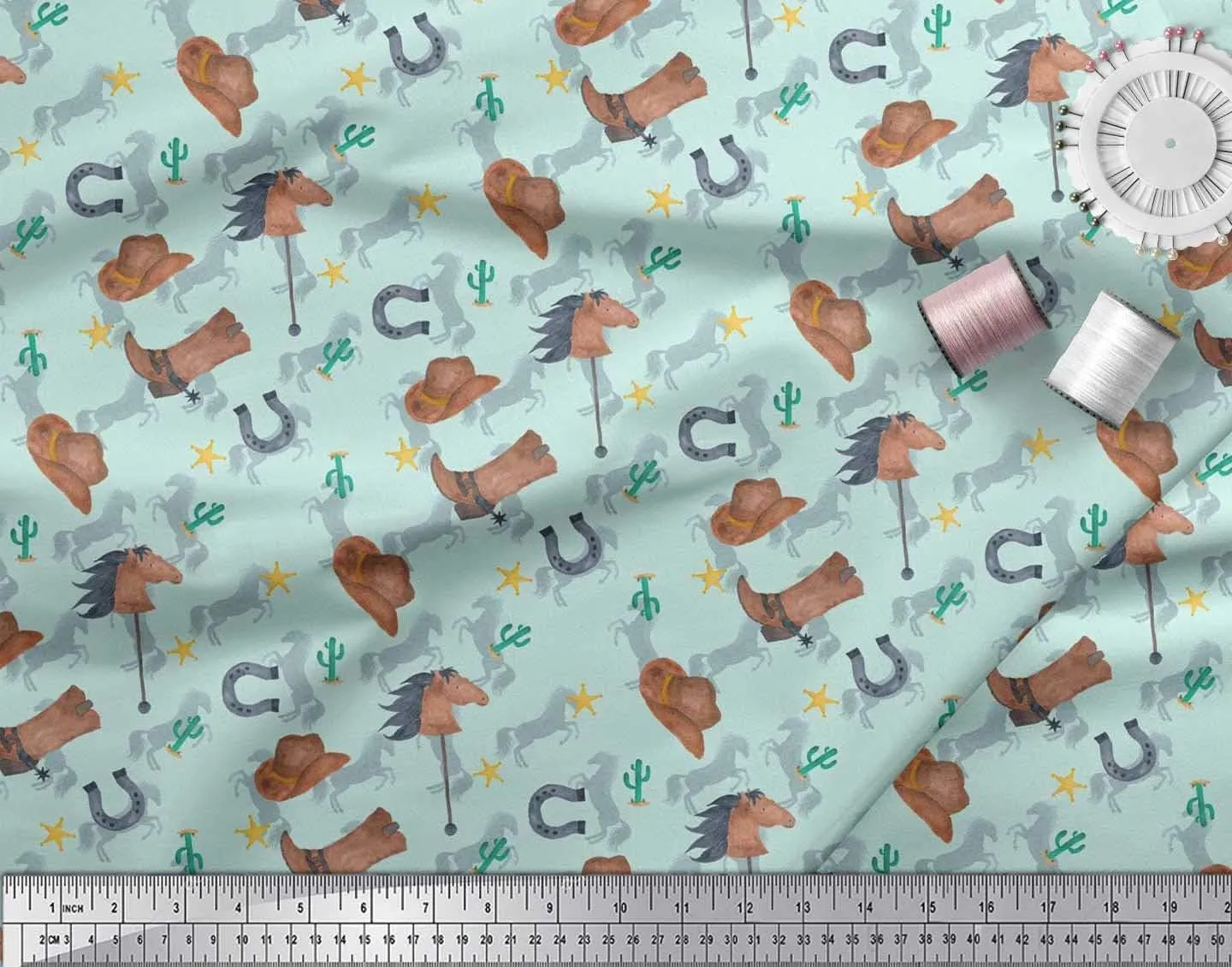 Soimoi Rayon Green Fabric - by The Yard - 42 Inch Wide - Hat, Boot & Horse Animal Print Fabric - Rustic Charm with Equestrian Elements Printed Fabric
