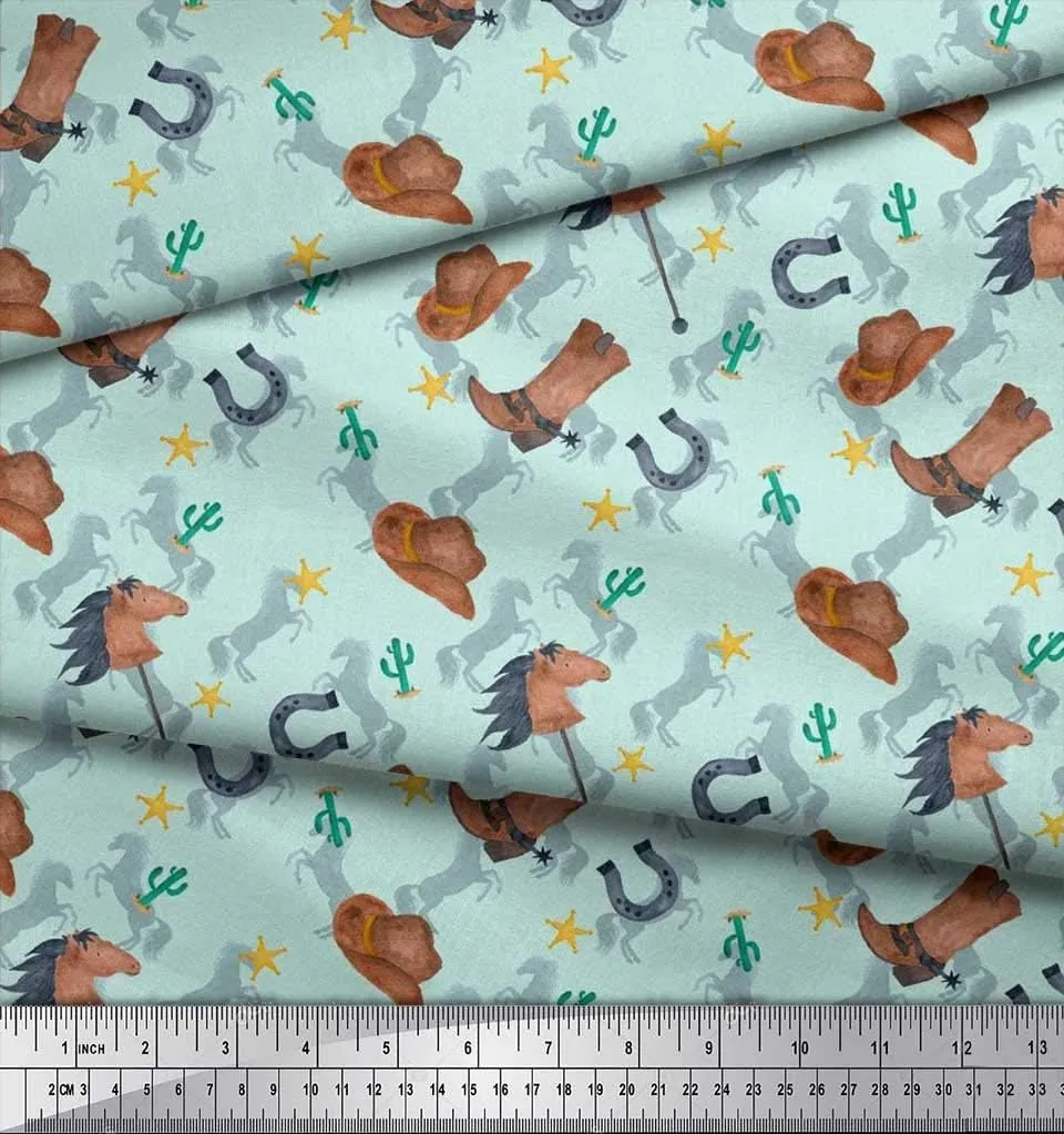 Soimoi Rayon Green Fabric - by The Yard - 42 Inch Wide - Hat, Boot & Horse Animal Print Fabric - Rustic Charm with Equestrian Elements Printed Fabric