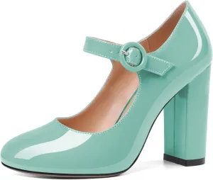 Soireelady Womens Mary Jane Shoes, Chunky Block Heel Pumps, High Heel Round Closed Toe Heels Ankle Strap Dress Shoes Comfort Fashion Patent 4 Inch