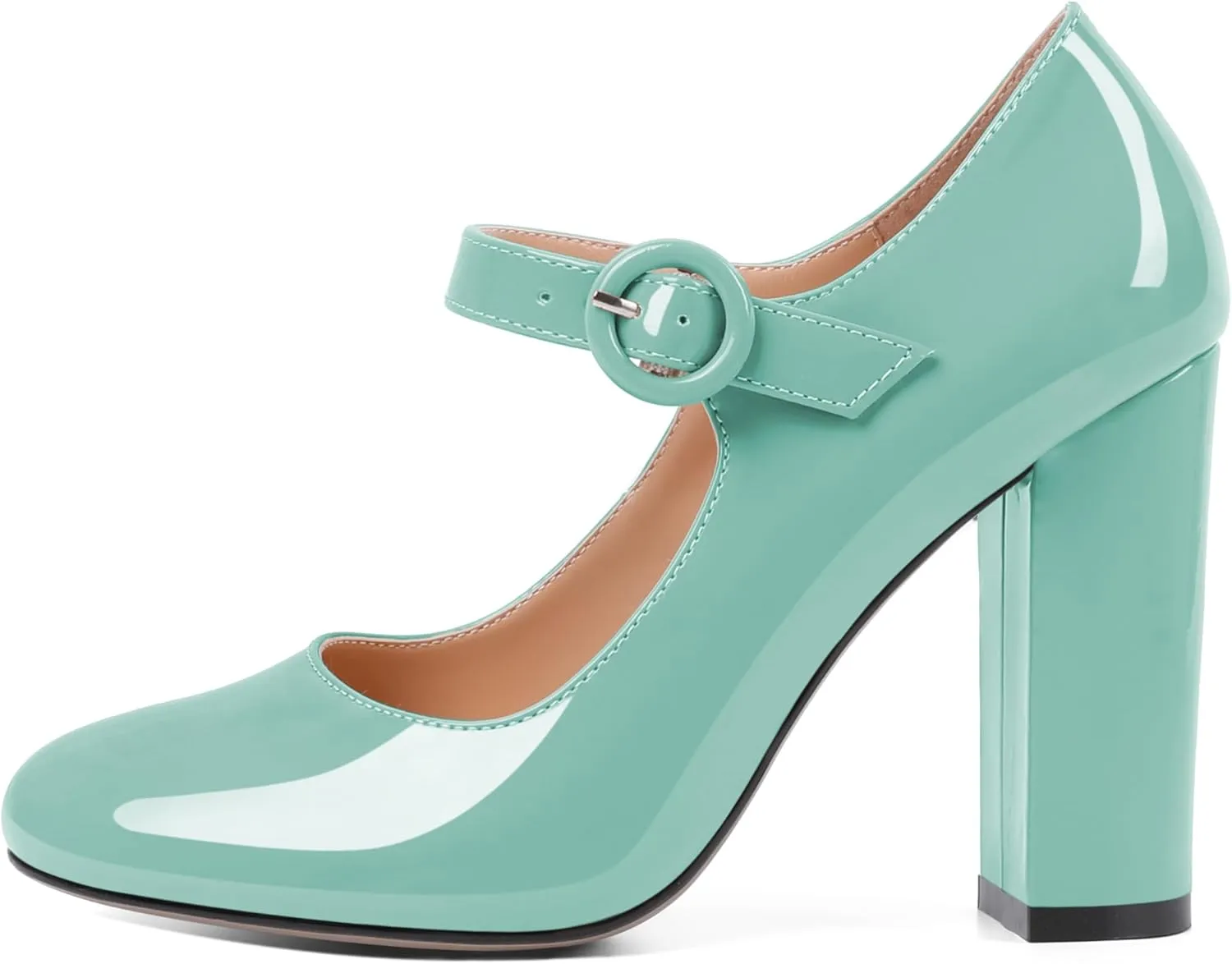 Soireelady Womens Mary Jane Shoes, Chunky Block Heel Pumps, High Heel Round Closed Toe Heels Ankle Strap Dress Shoes Comfort Fashion Patent 4 Inch