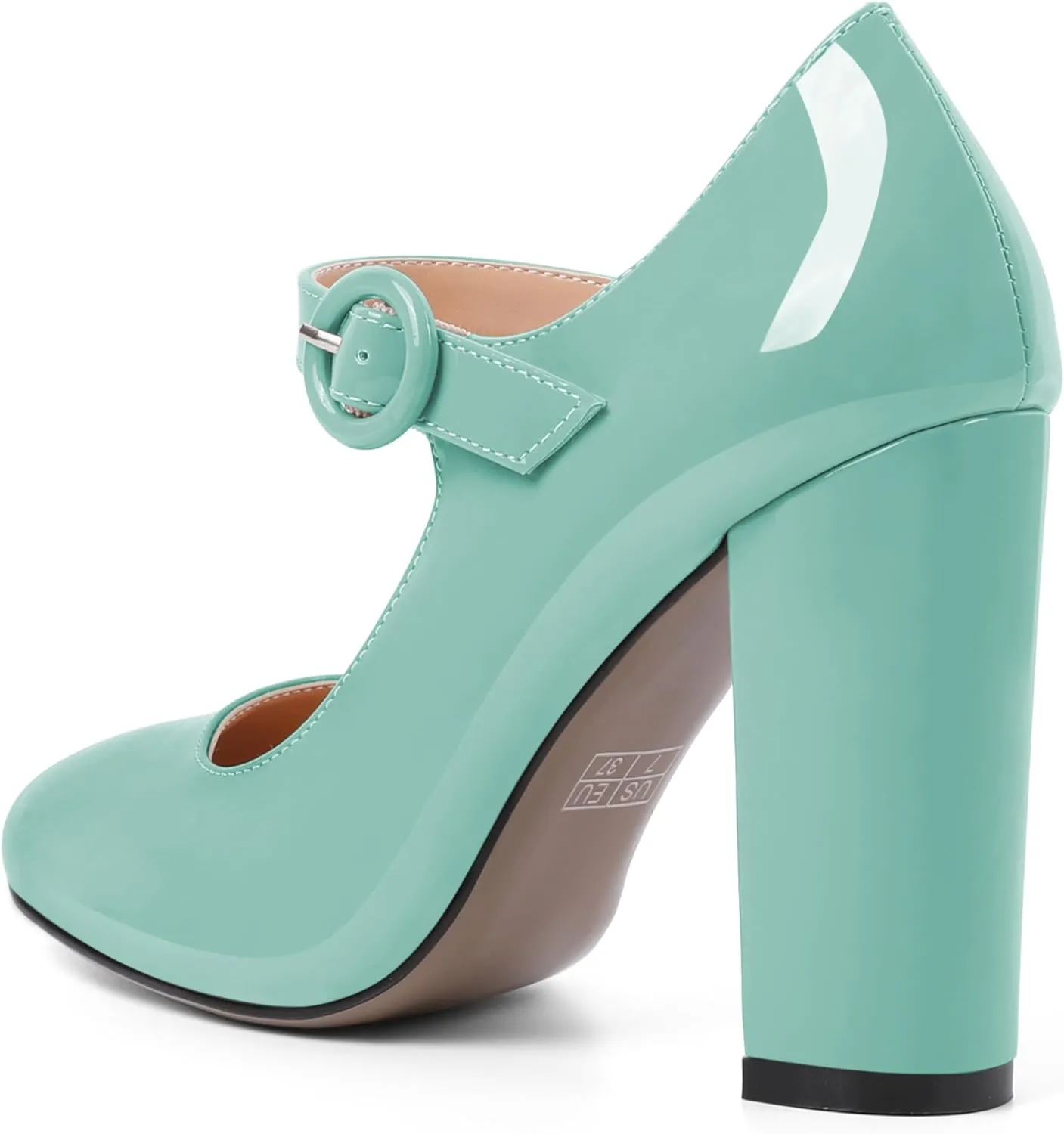Soireelady Womens Mary Jane Shoes, Chunky Block Heel Pumps, High Heel Round Closed Toe Heels Ankle Strap Dress Shoes Comfort Fashion Patent 4 Inch