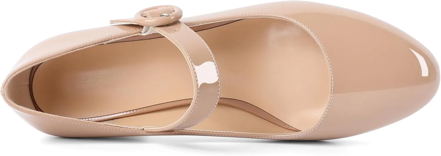 Soireelady Womens Mary Jane Shoes, Chunky Block Heel Pumps, Low Heel Round Closed Toe Heels, Ankle Strap Buckle Comfort Fashion Dress Shoes 2 Inches
