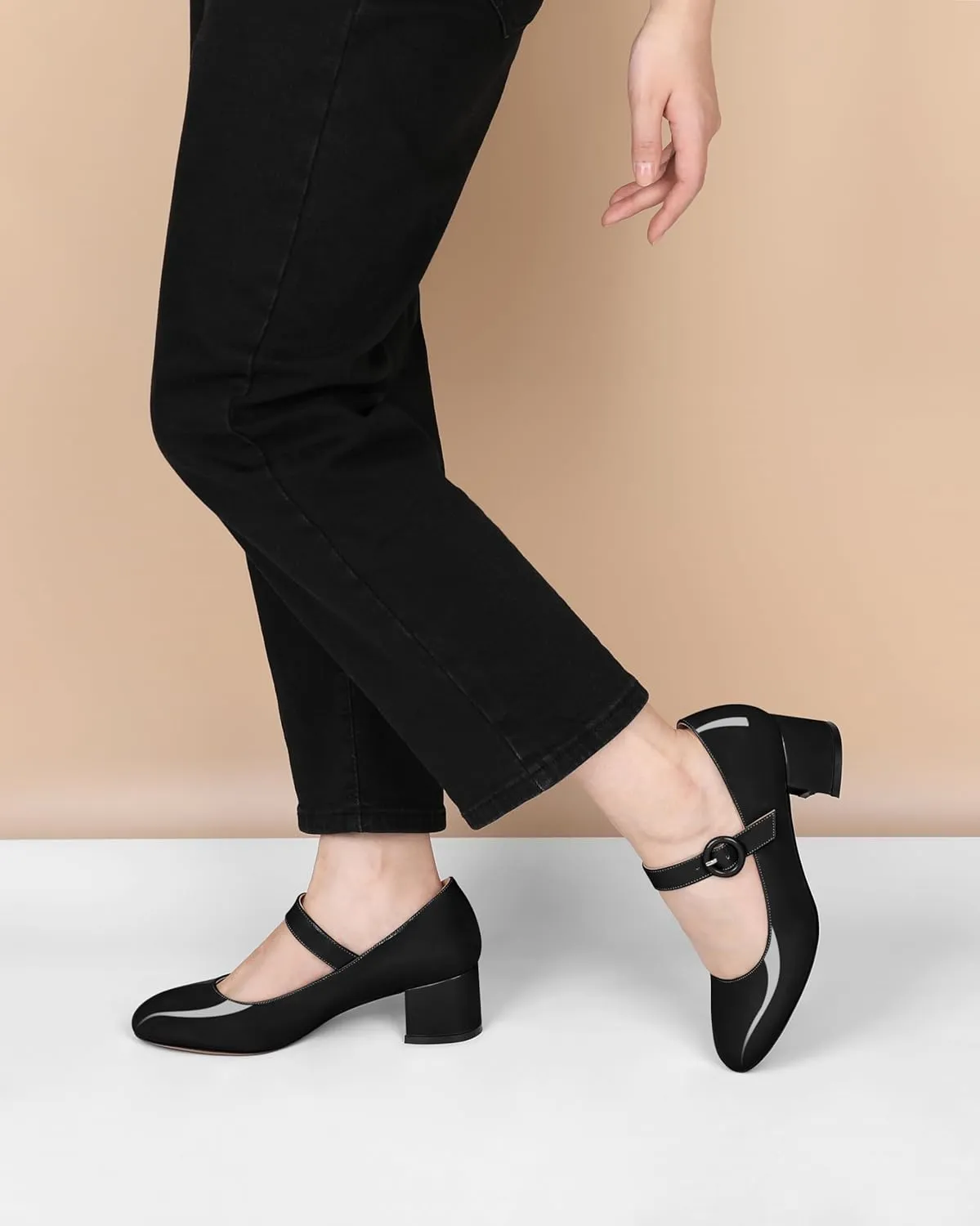 Soireelady Womens Mary Jane Shoes, Chunky Block Heel Pumps, Low Heel Round Closed Toe Heels, Ankle Strap Buckle Comfort Fashion Dress Shoes 2 Inches