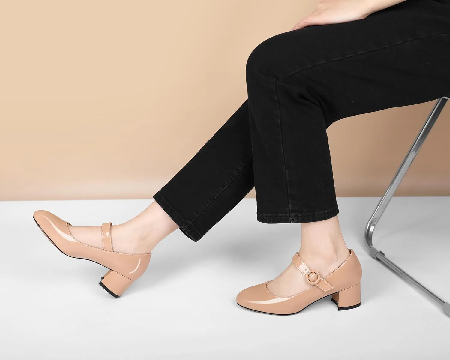 Soireelady Womens Mary Jane Shoes, Chunky Block Heel Pumps, Low Heel Round Closed Toe Heels, Ankle Strap Buckle Comfort Fashion Dress Shoes 2 Inches