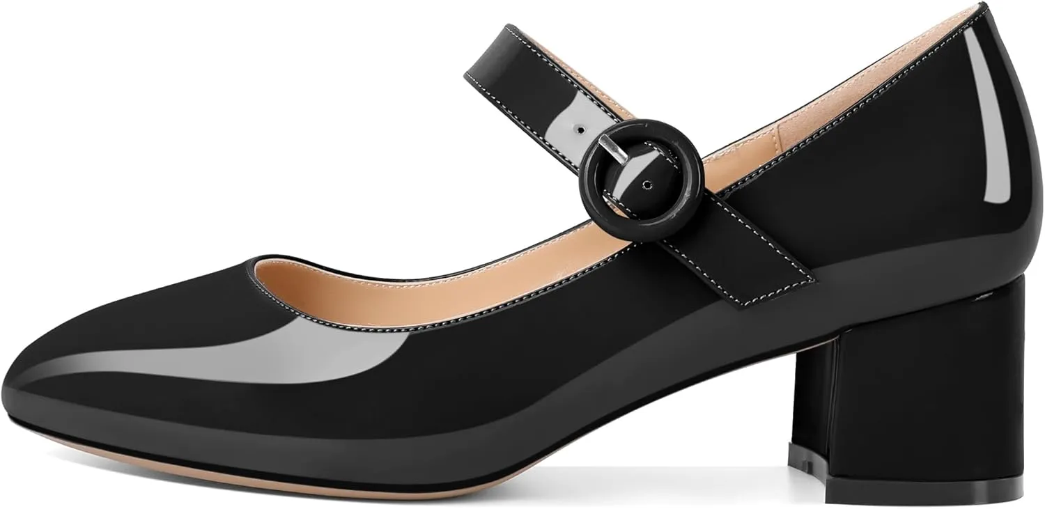 Soireelady Womens Mary Jane Shoes, Chunky Block Heel Pumps, Low Heel Round Closed Toe Heels, Ankle Strap Buckle Comfort Fashion Dress Shoes 2 Inches