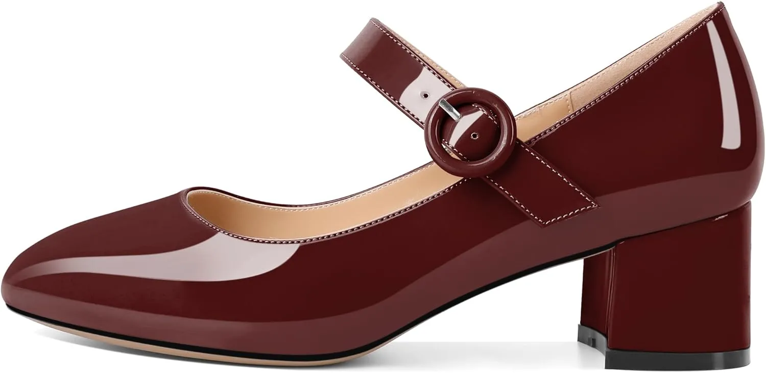 Soireelady Womens Mary Jane Shoes, Chunky Block Heel Pumps, Low Heel Round Closed Toe Heels, Ankle Strap Buckle Comfort Fashion Dress Shoes 2 Inches