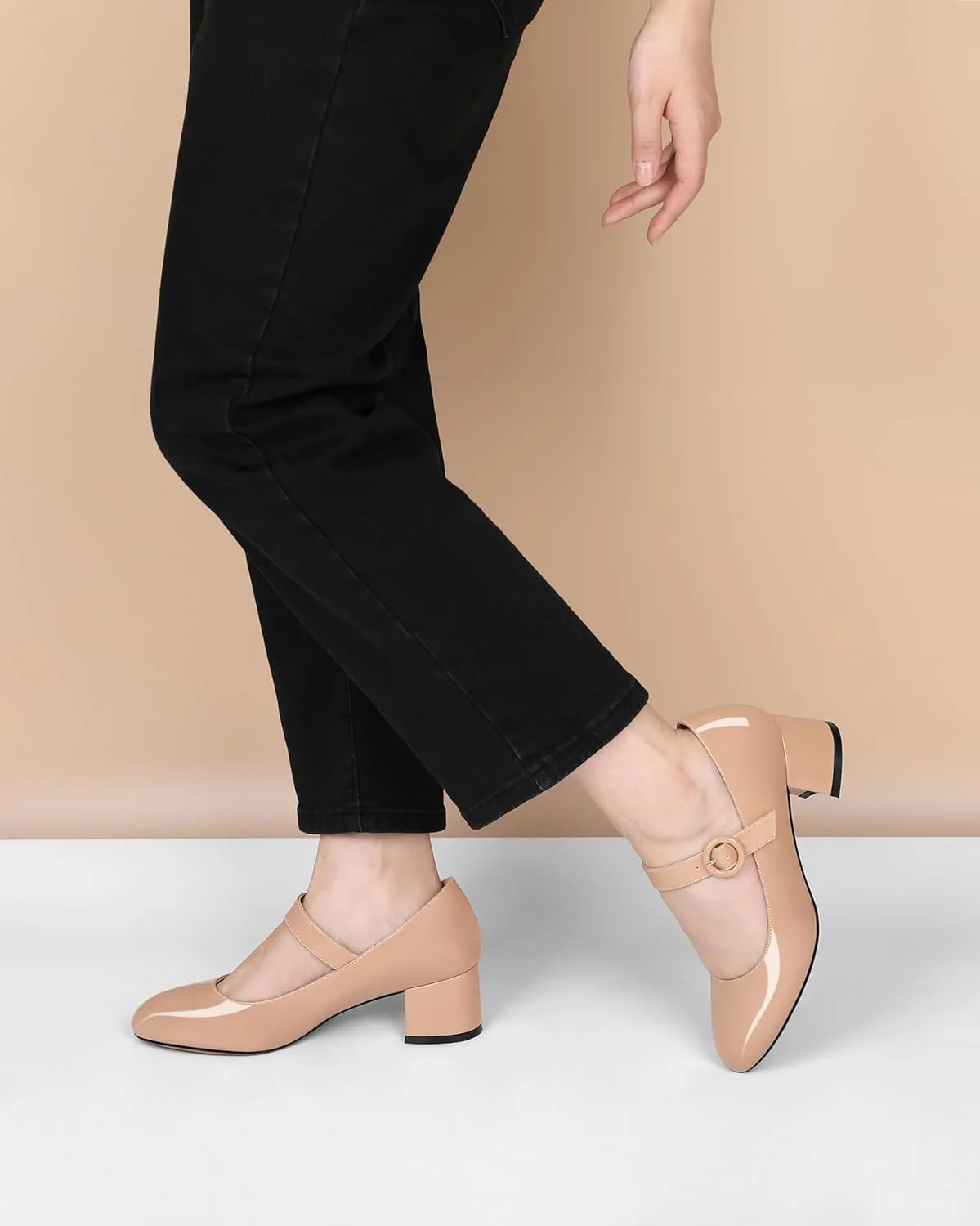 Soireelady Womens Mary Jane Shoes, Chunky Block Heel Pumps, Low Heel Round Closed Toe Heels, Ankle Strap Buckle Comfort Fashion Dress Shoes 2 Inches