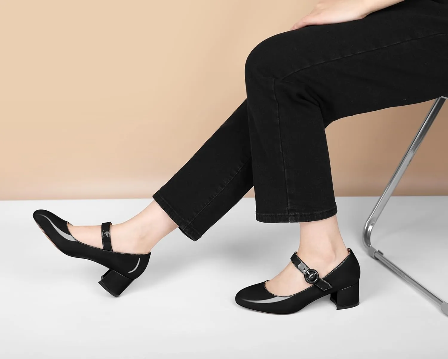 Soireelady Womens Mary Jane Shoes, Chunky Block Heel Pumps, Low Heel Round Closed Toe Heels, Ankle Strap Buckle Comfort Fashion Dress Shoes 2 Inches
