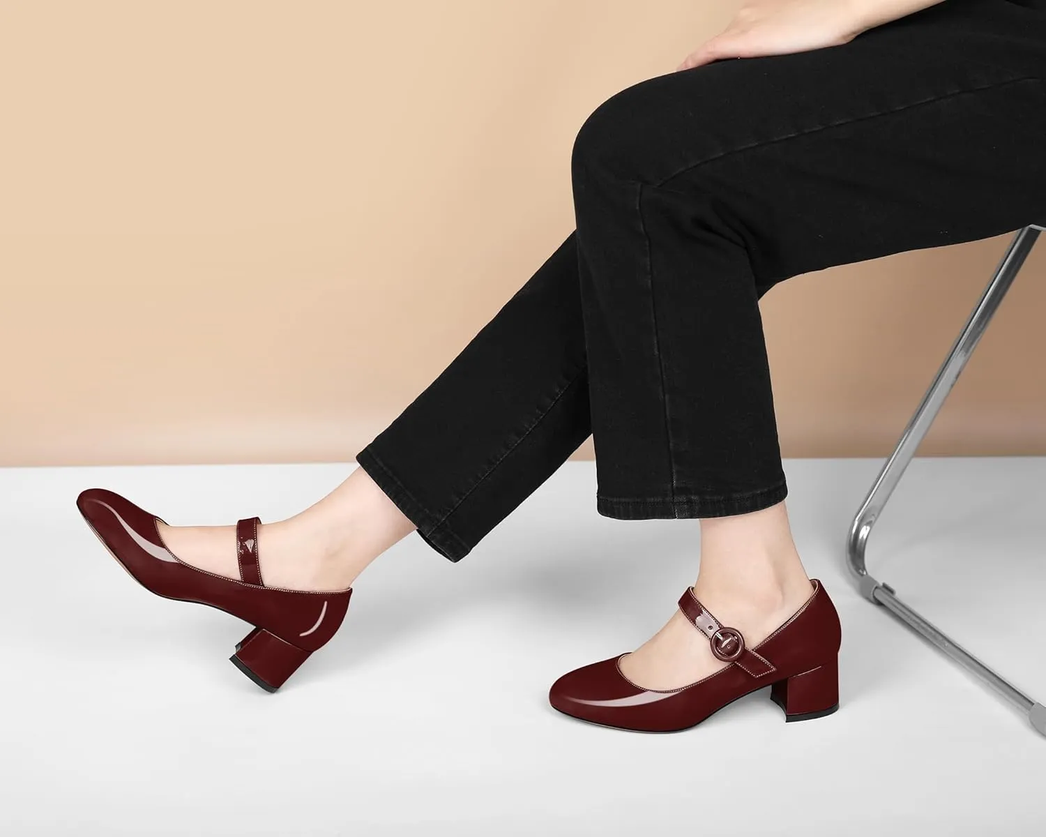 Soireelady Womens Mary Jane Shoes, Chunky Block Heel Pumps, Low Heel Round Closed Toe Heels, Ankle Strap Buckle Comfort Fashion Dress Shoes 2 Inches
