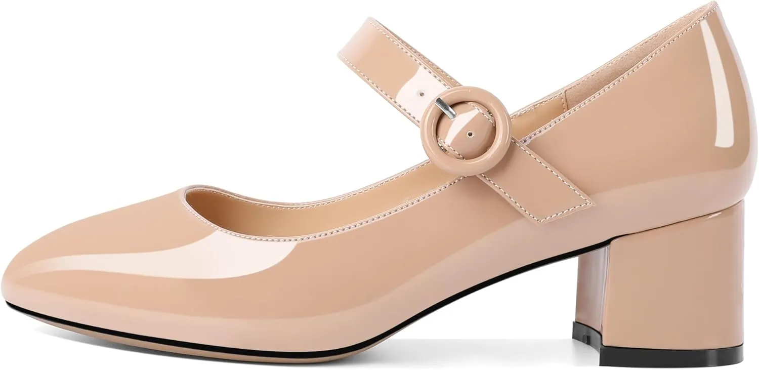 Soireelady Womens Mary Jane Shoes, Chunky Block Heel Pumps, Low Heel Round Closed Toe Heels, Ankle Strap Buckle Comfort Fashion Dress Shoes 2 Inches