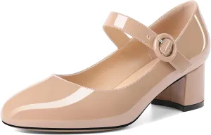 Soireelady Womens Mary Jane Shoes, Chunky Block Heel Pumps, Low Heel Round Closed Toe Heels, Ankle Strap Buckle Comfort Fashion Dress Shoes 2 Inches
