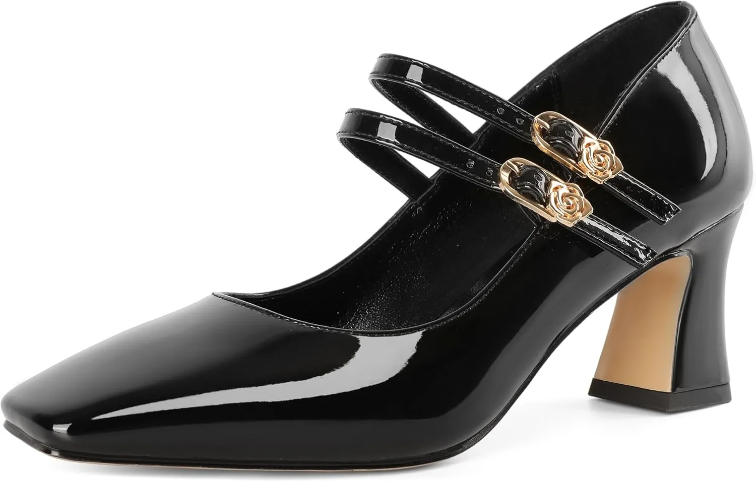 Soireelady Womens Mary Jane Shoes Chunky Block Heel Pumps Square Toe Low Heels Double Strap Buckle Comfort Dress Shoes 2.5 Inches