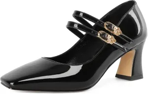 Soireelady Womens Mary Jane Shoes Chunky Block Heel Pumps Square Toe Low Heels Double Strap Buckle Comfort Dress Shoes 2.5 Inches