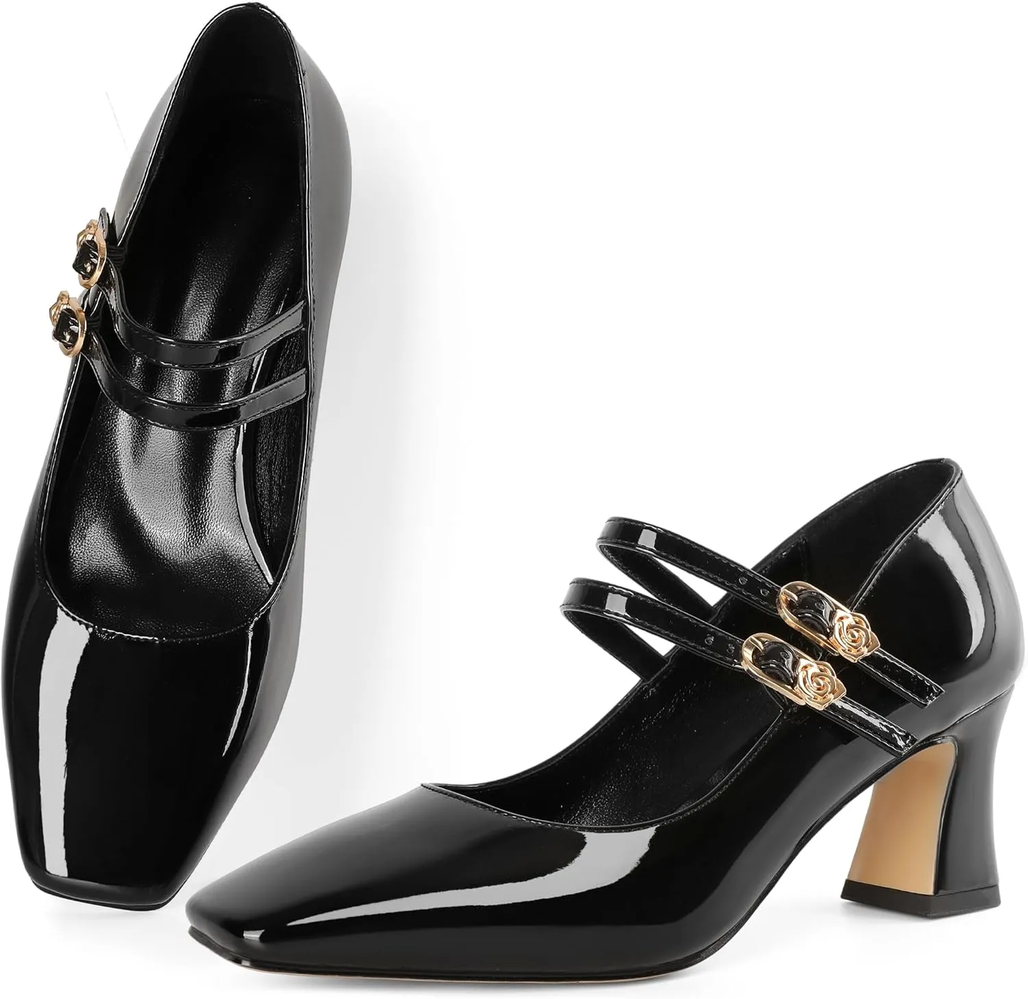 Soireelady Womens Mary Jane Shoes Chunky Block Heel Pumps Square Toe Low Heels Double Strap Buckle Comfort Dress Shoes 2.5 Inches