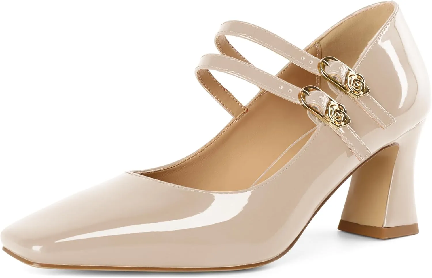 Soireelady Womens Mary Jane Shoes Chunky Block Heel Pumps Square Toe Low Heels Double Strap Buckle Comfort Dress Shoes 2.5 Inches