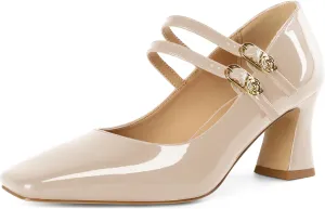 Soireelady Womens Mary Jane Shoes Chunky Block Heel Pumps Square Toe Low Heels Double Strap Buckle Comfort Dress Shoes 2.5 Inches