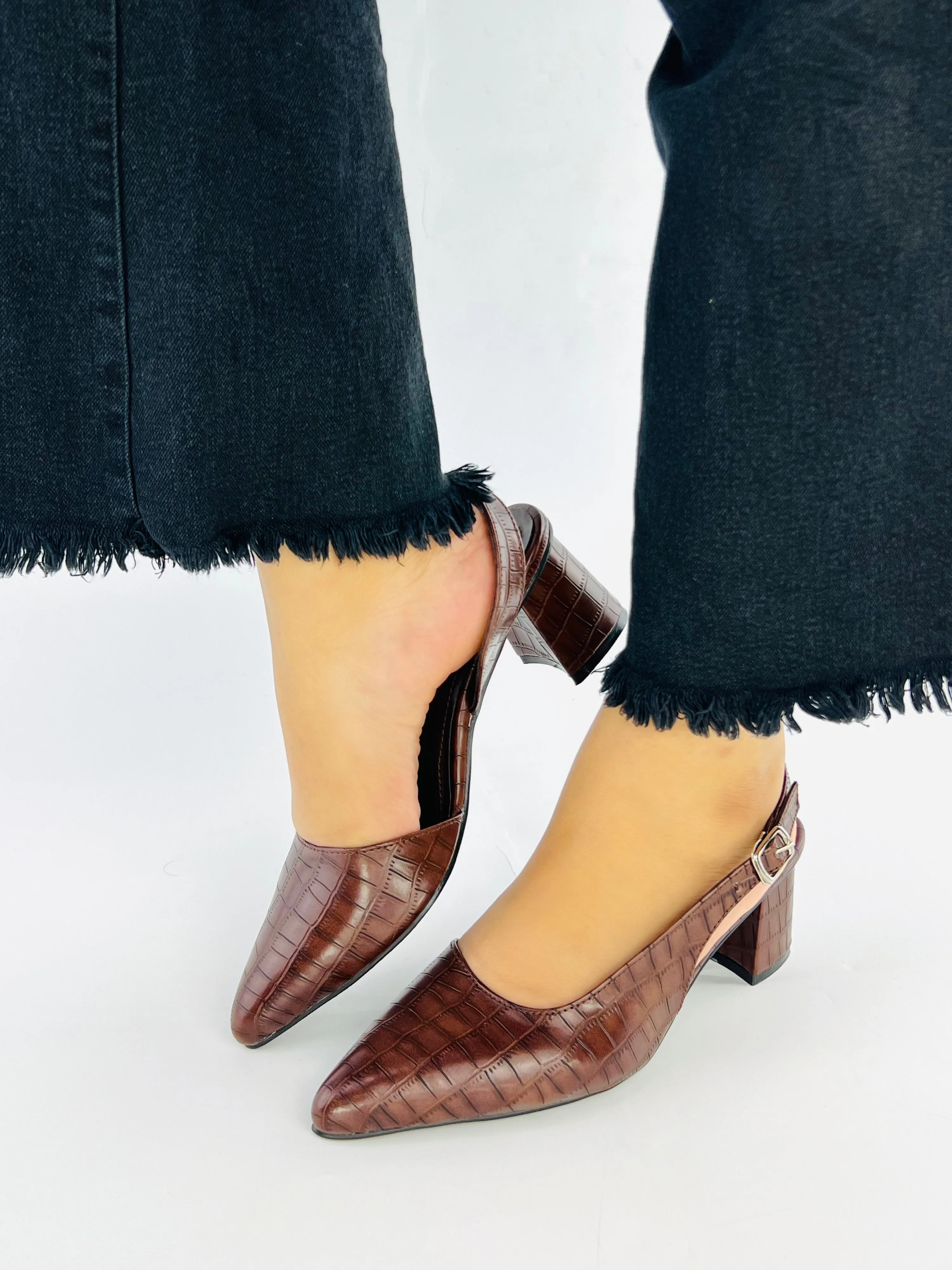 Spunkz Wood Embossed Croc Pattern Slingback Block Heel 12001
