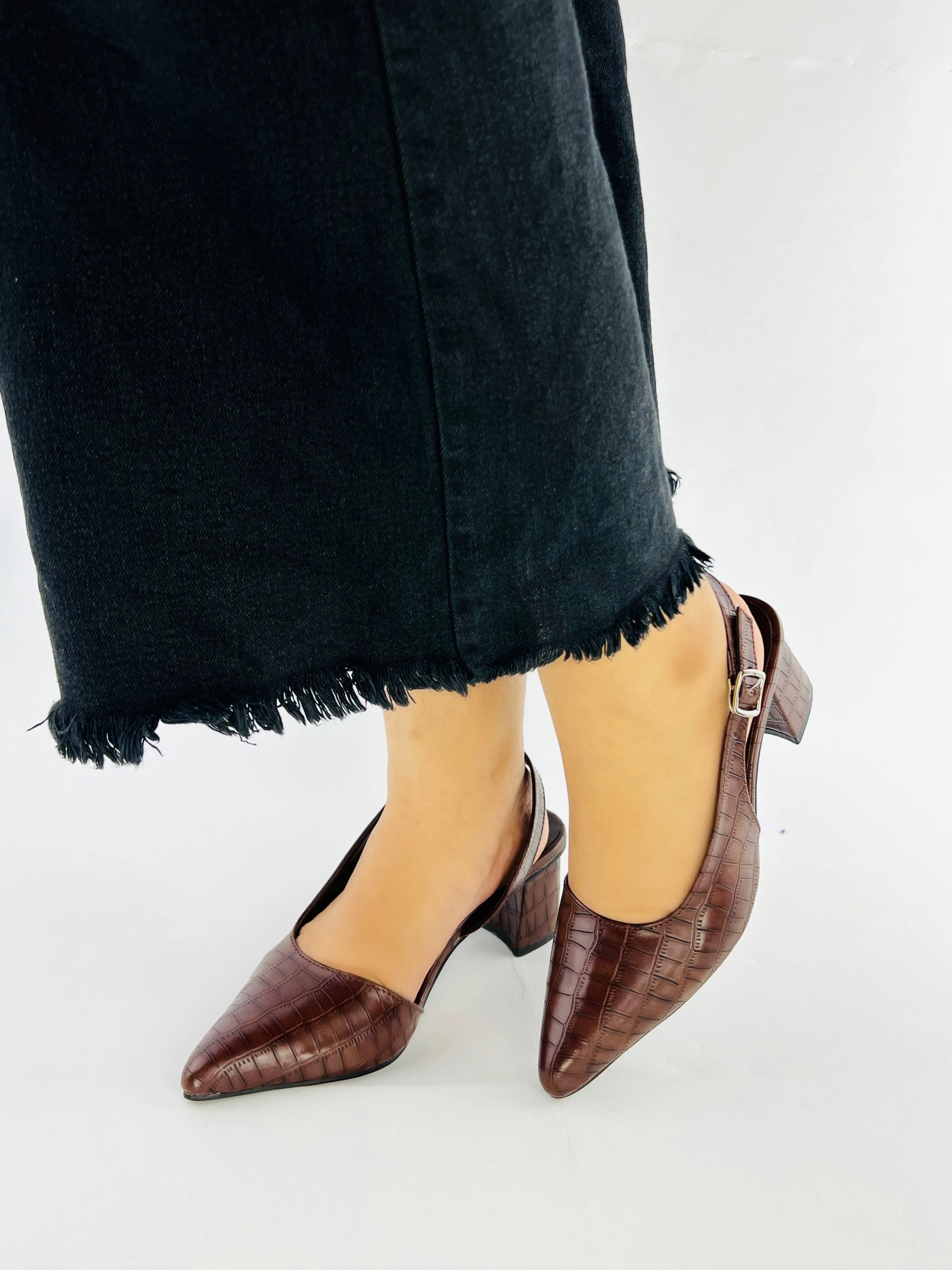 Spunkz Wood Embossed Croc Pattern Slingback Block Heel 12001