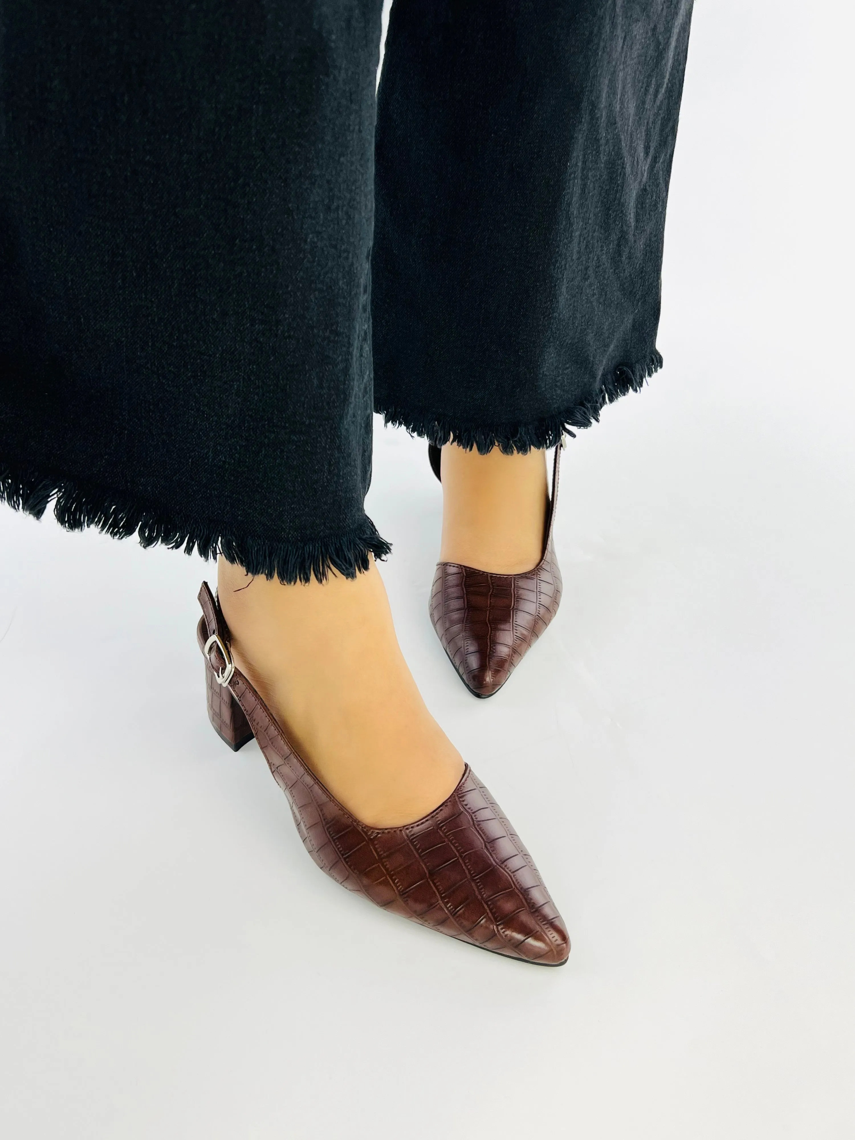 Spunkz Wood Embossed Croc Pattern Slingback Block Heel 12001