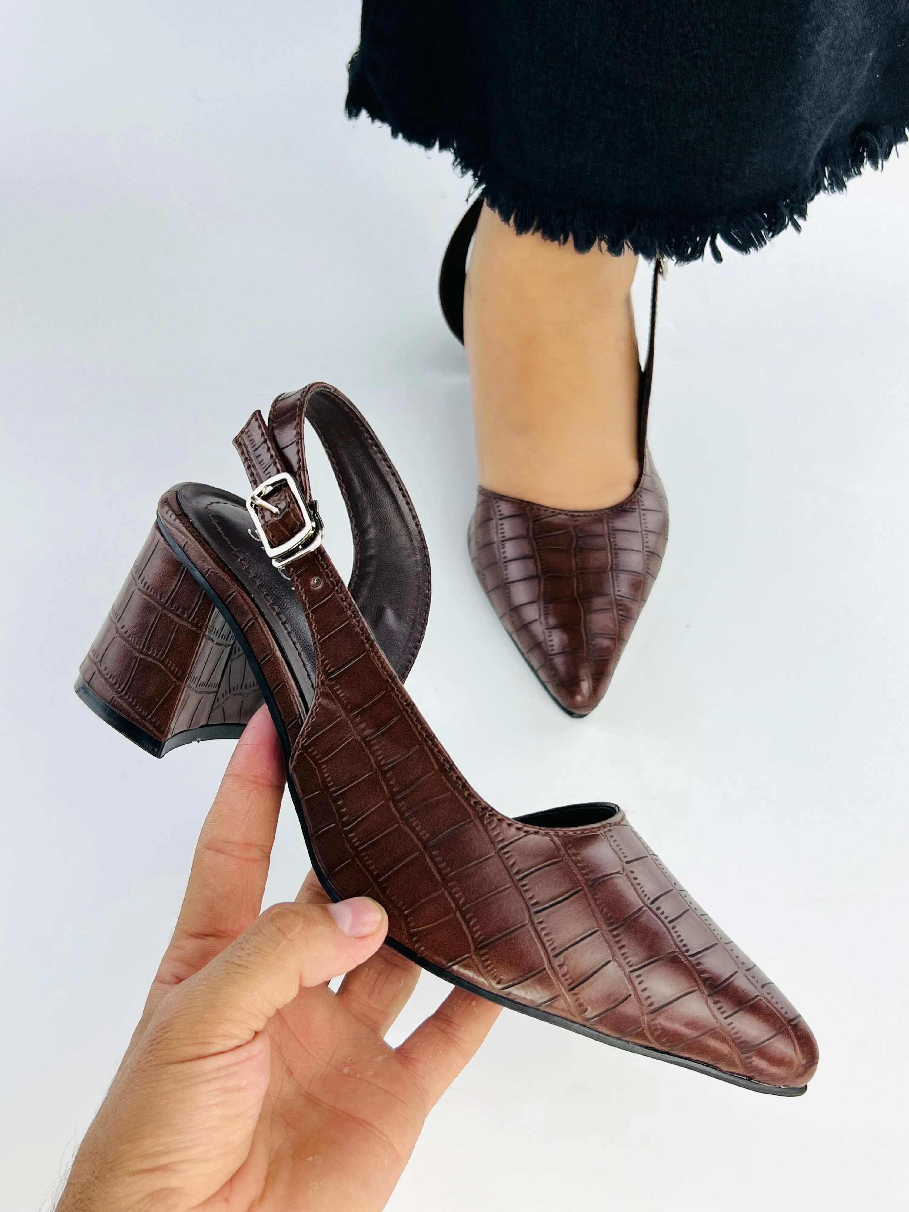 Spunkz Wood Embossed Croc Pattern Slingback Block Heel 12001