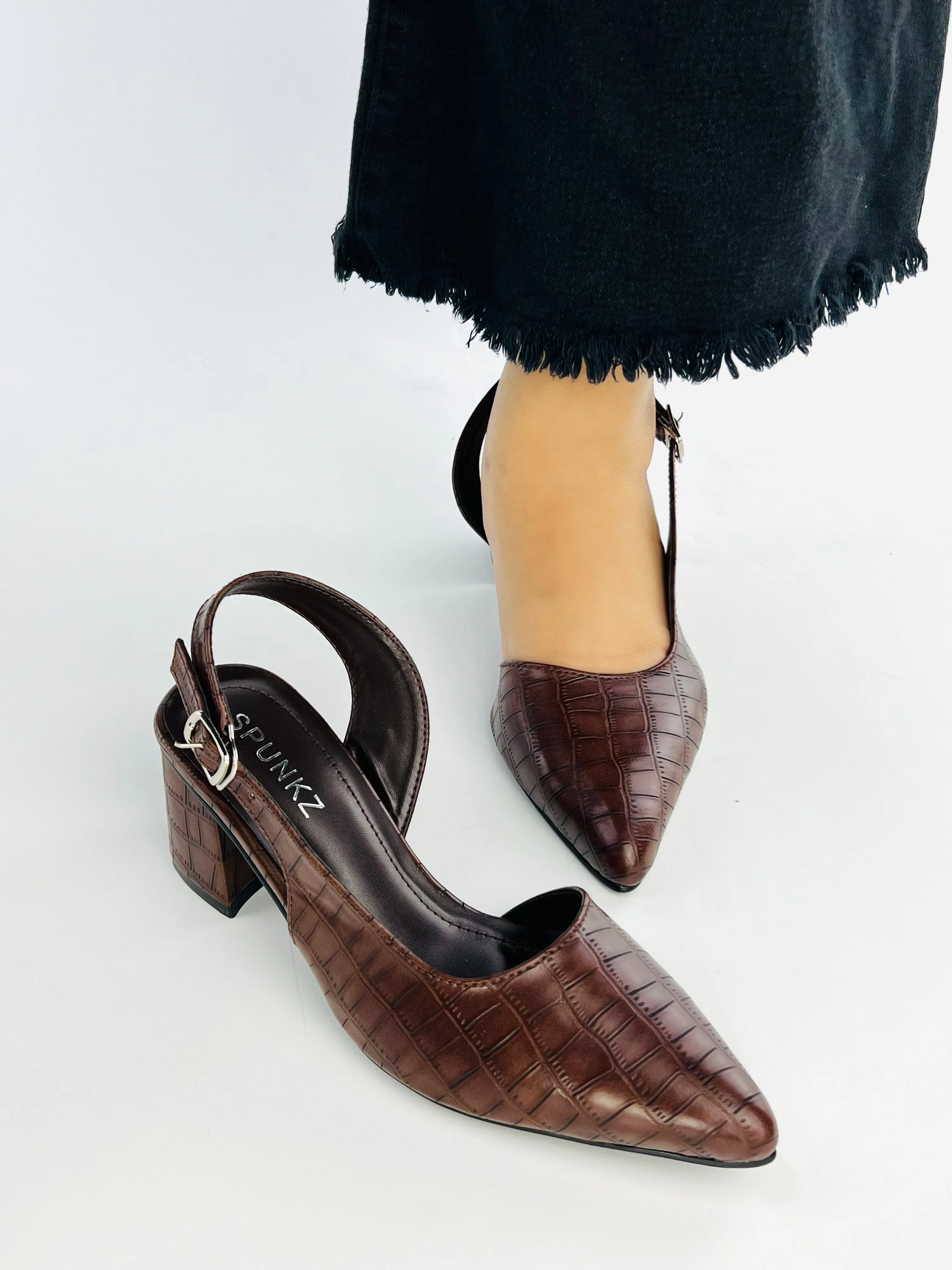 Spunkz Wood Embossed Croc Pattern Slingback Block Heel 12001
