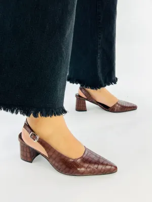 Spunkz Wood Embossed Croc Pattern Slingback Block Heel 12001