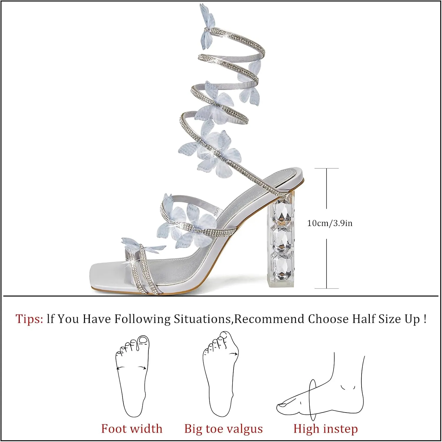 Strappy Heels for Women Rhinestone Crystal High Block Heeled Sandals Square Open Toe Sparkly Dress Prom Heels Shoes for Party Wedding