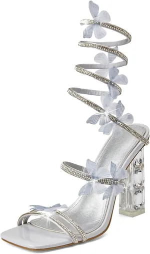 Strappy Heels for Women Rhinestone Crystal High Block Heeled Sandals Square Open Toe Sparkly Dress Prom Heels Shoes for Party Wedding