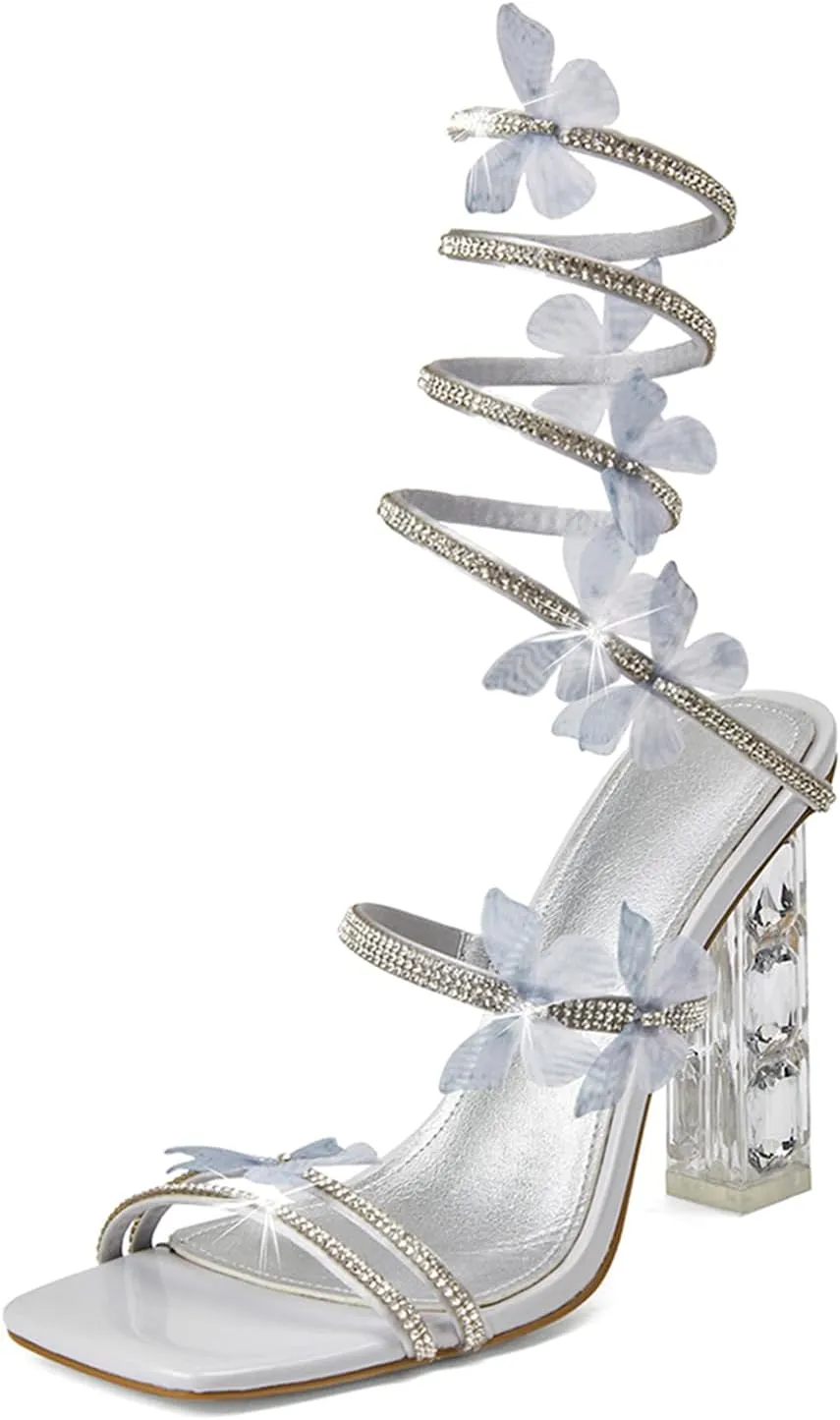 Strappy Heels for Women Rhinestone Crystal High Block Heeled Sandals Square Open Toe Sparkly Dress Prom Heels Shoes for Party Wedding