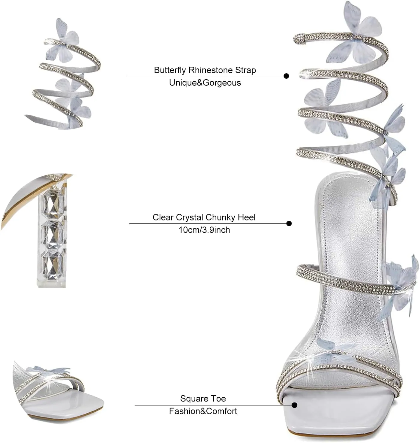 Strappy Heels for Women Rhinestone Crystal High Block Heeled Sandals Square Open Toe Sparkly Dress Prom Heels Shoes for Party Wedding