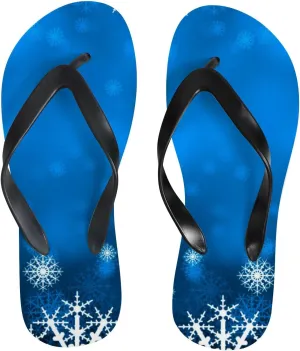 Summer Flip Flops for Women Girls - Blue White Shine Snowflakes Casual Thong Slippers Slide Flat Sandals for Beach