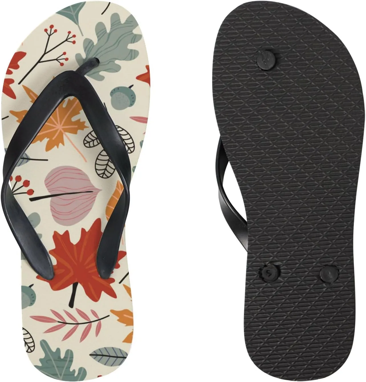 Summer Flip Flops for Women Girls - Colorful Fall Leaves Berries Casual Thong Slippers Slide Flat Sandals for Beach