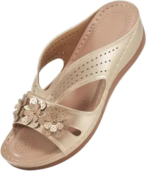 Summer Sandals for Women Arch Support Orthopedic Sandals Slip On Platform Wedge Sandal Fashion Flowers Decoration Slipper Comfortable Vacation Boho Beach Slippers Dressy Casual Outdoors Shoes