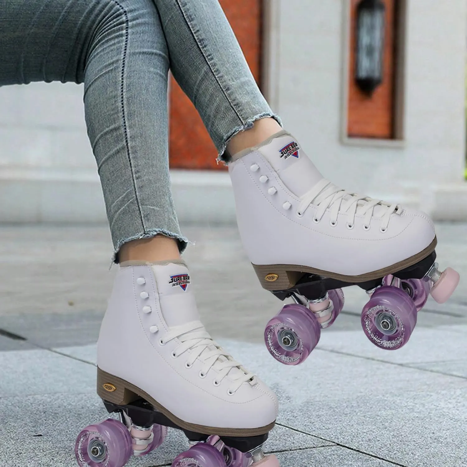 Sure-Grip Fame White Outdoor Unisex Roller Skates with Pink Motion Wheels - Vegan Boot with Microfiber Lining - Rock Nylon Plates & Aluminum Trucks - Matching Pink Cushions and Toe Stop