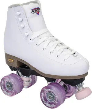 Sure-Grip Fame White Outdoor Unisex Roller Skates with Pink Motion Wheels - Vegan Boot with Microfiber Lining - Rock Nylon Plates & Aluminum Trucks - Matching Pink Cushions and Toe Stop