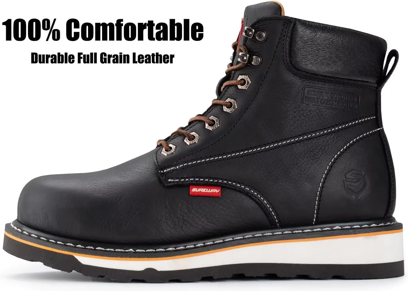 SUREWAY 6” Mens Heavy Duty Soft/Steel Toe Work Boots for Men,Goodyear Welt,Extremely Comfortable Durable Proved,Oil/Slip Resistant,Thicker Leather,Wedge Sole,EH Safety Industrial Construction Boots