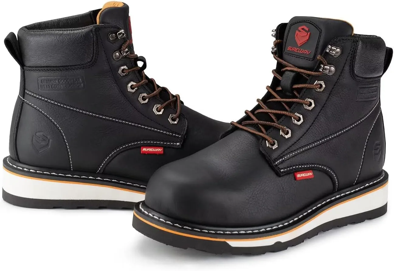 SUREWAY 6” Mens Heavy Duty Soft/Steel Toe Work Boots for Men,Goodyear Welt,Extremely Comfortable Durable Proved,Oil/Slip Resistant,Thicker Leather,Wedge Sole,EH Safety Industrial Construction Boots