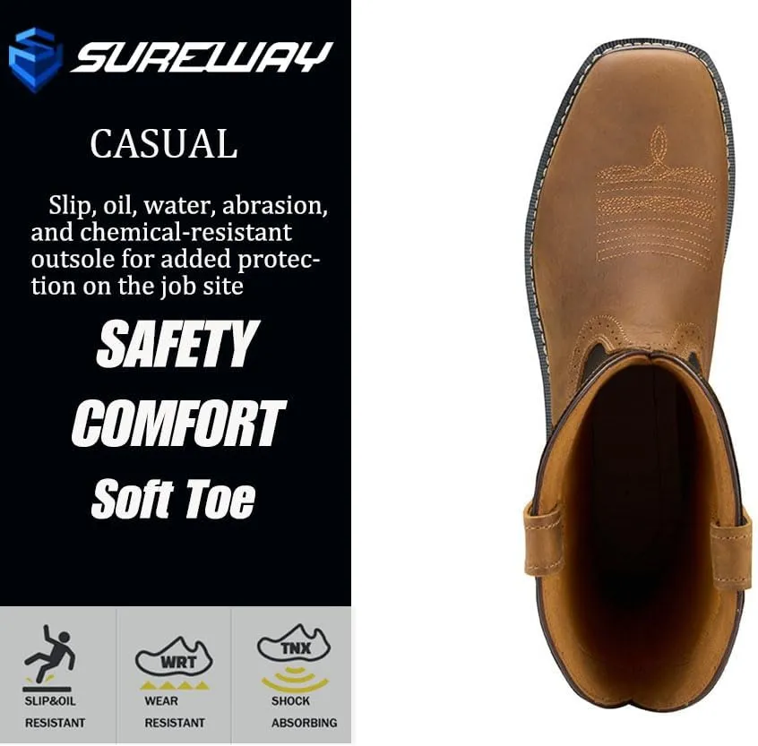 SUREWAY Cowboy Boots - Men’s Square Toe Work Boot,Pull On Leather Wellington Boots,Comfortable Durable Classic Slip Resistant Soft Toe Western Boot - slip on